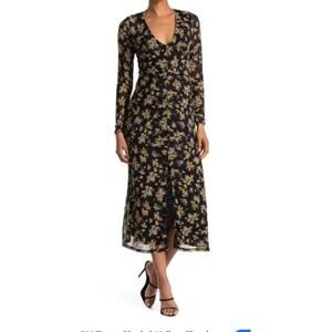 AFRM Tezza Black & Yellow Floral Ruched Mesh Midi Long Sleeves Dress Large 2475